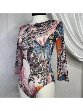 Y2K Fairycore Small Long Sleeve Mesh Bodysuit Top Backless Pink Butterfly Print